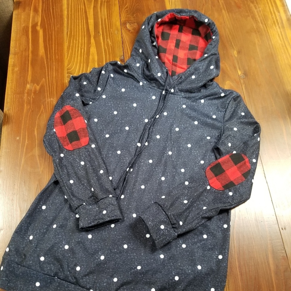 NWOT red buffalo plaid, navy, white dot hoodie